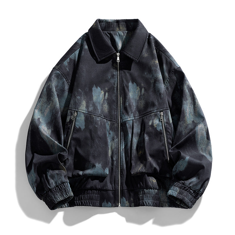 New Jacket Men's Lapel Ink All-match Tie-dye Distinctive Printed Public Version Two-cut Loose Trendy Jacket
