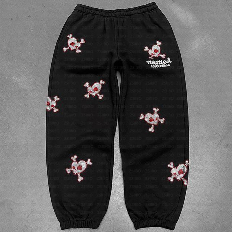 Trendy Fashion Economical Hip-Hop Full Zip Hoodie Skull Rhinestone Loose Sweater