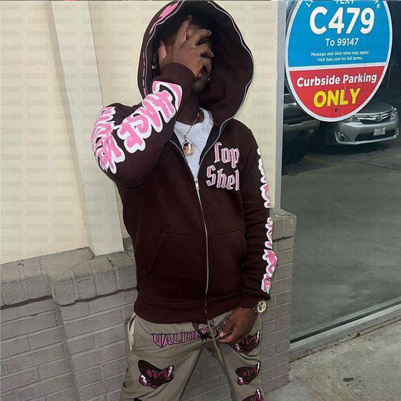 Vintage Skull Alphabet Print Hoodie Sweater Hip-Hop Gothic Cardigan Zip Sweatshirt