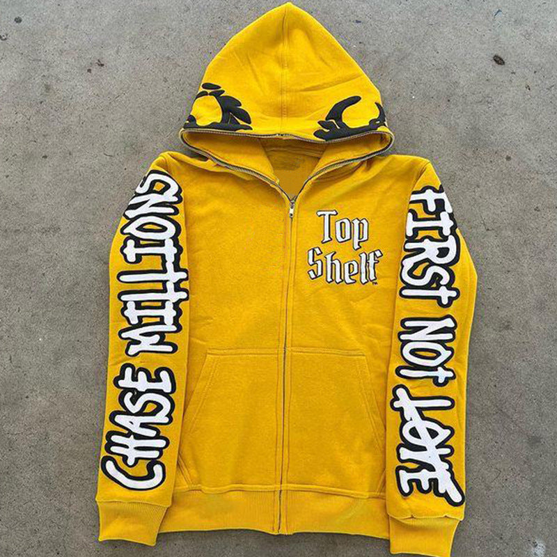 Vintage Skull Alphabet Print Hoodie Sweater Hip-Hop Gothic Cardigan Zip Sweatshirt