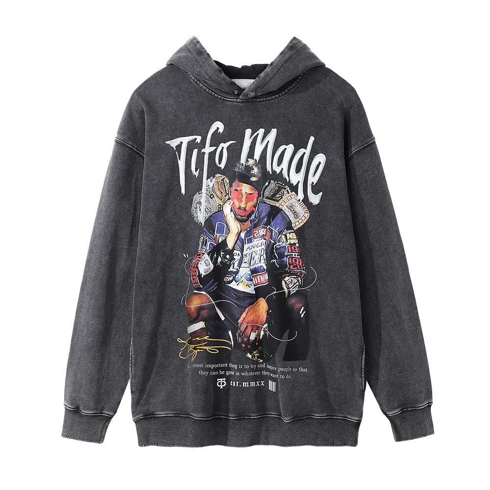 Rapper Character Print Washed Old Hoodie Men's Fashion Street Hip-Hop Long-Sleeved Hole Hoodie