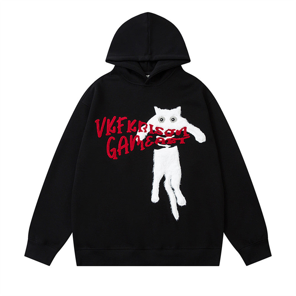 Fun Cartoon Kitten Flocking Embroidered Hooded Sweatshirt Men's Vibe Fashion Brand High Street Casual Loose Sports Pullover
