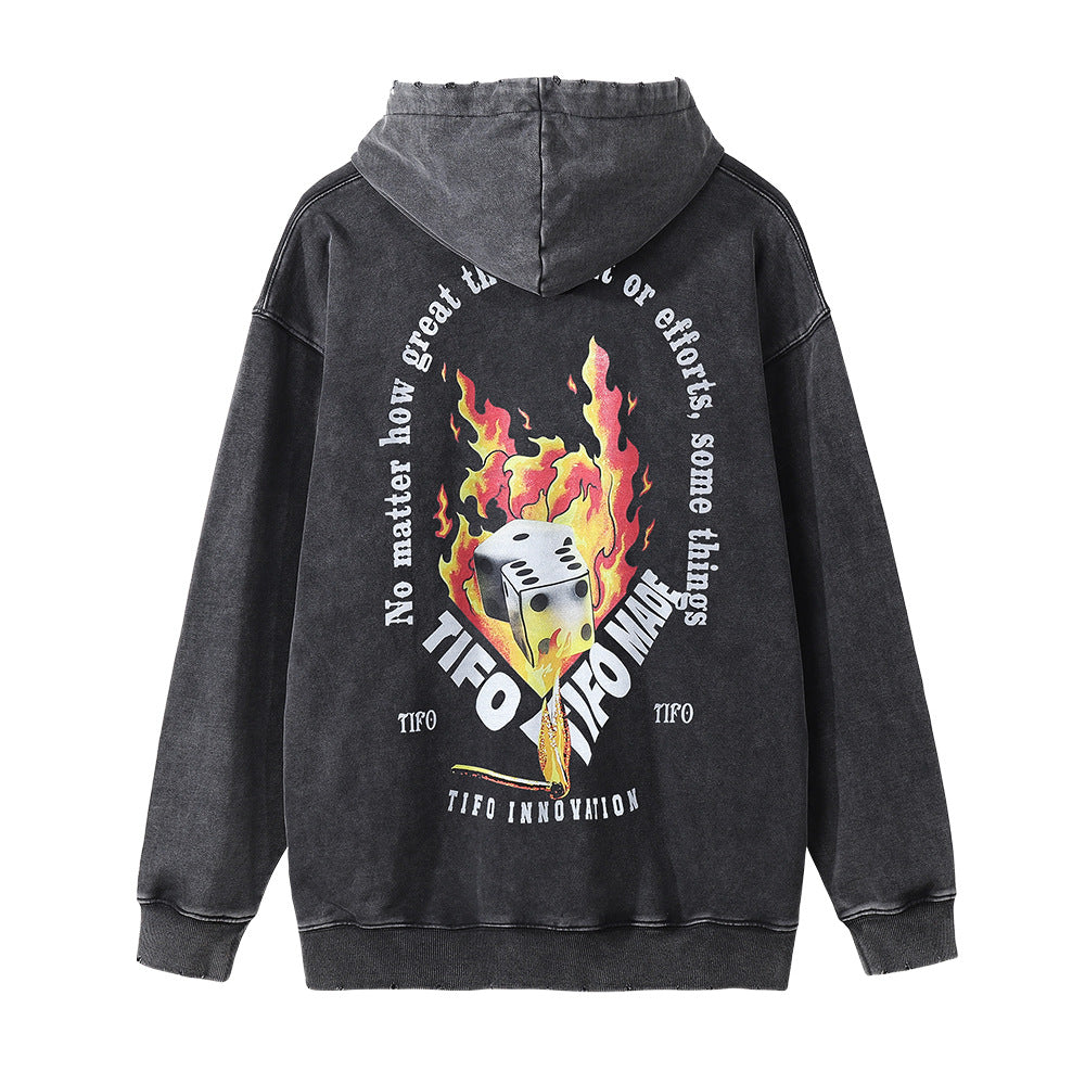 Street Tide Hip-Hop Flame Dice Printed Hoodie Men's Wear European And American Loose Washed Dressed Old Wear Hoodie