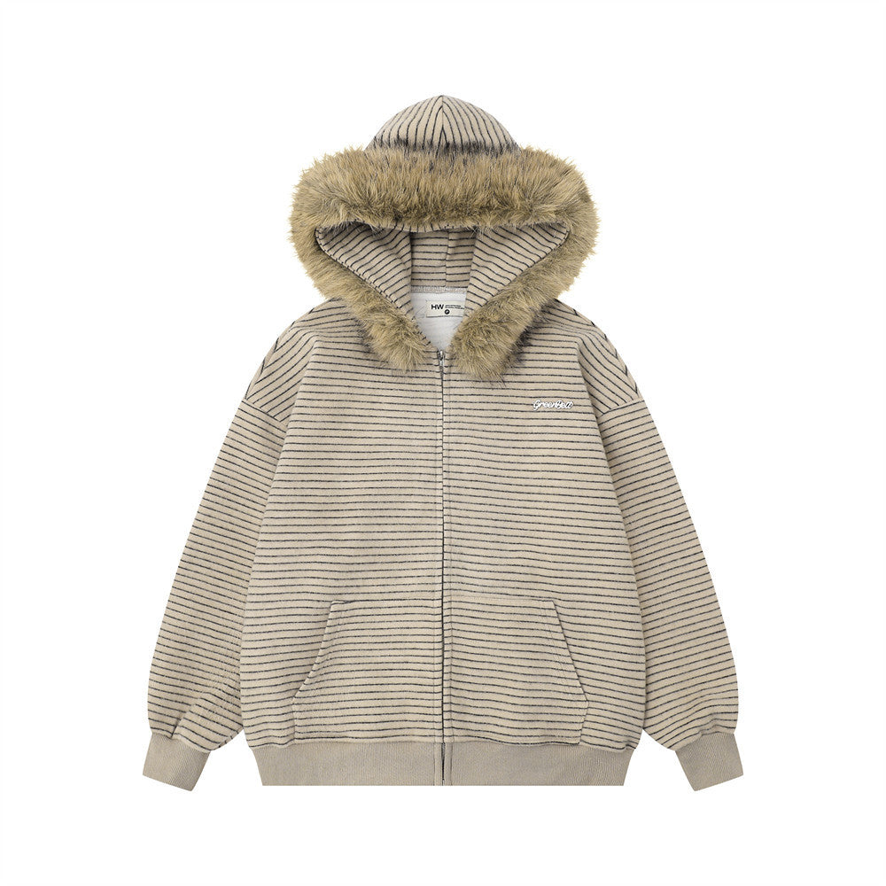 Fur Collar Hooded Jacket Men's Spring And Autumn American Style Retro Stripe Loose Casual Zipper Cardigan Sweater High Street Fashion