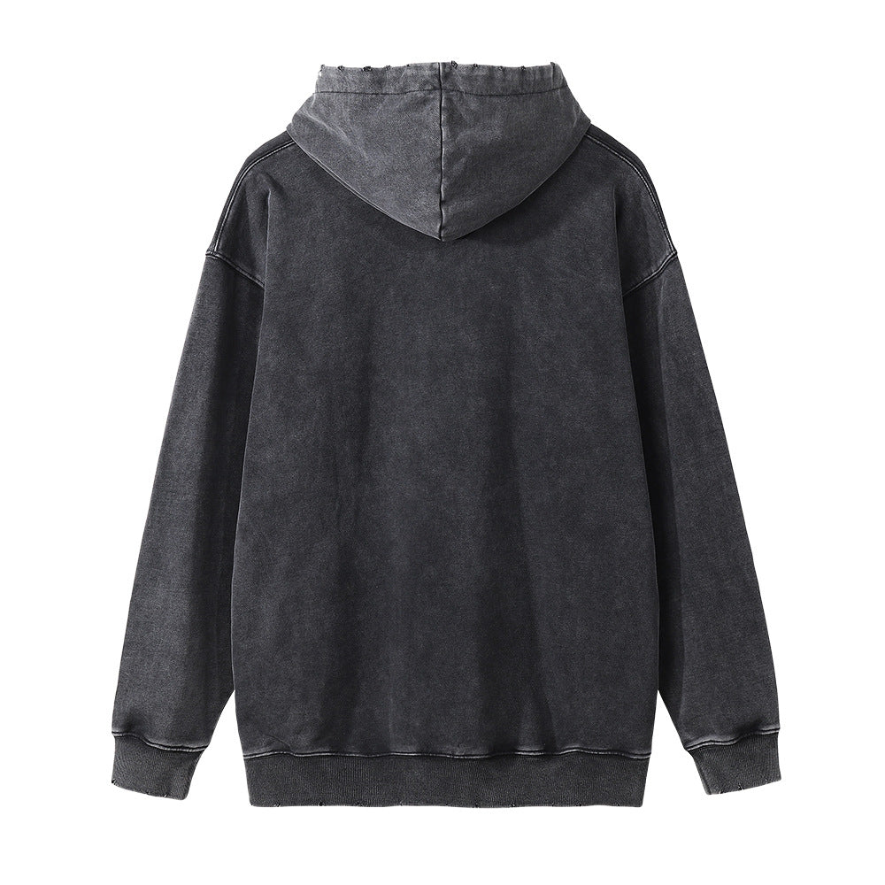 Rapper Character Print Washed Old Hoodie Men's Fashion Street Hip-Hop Long-Sleeved Hole Hoodie