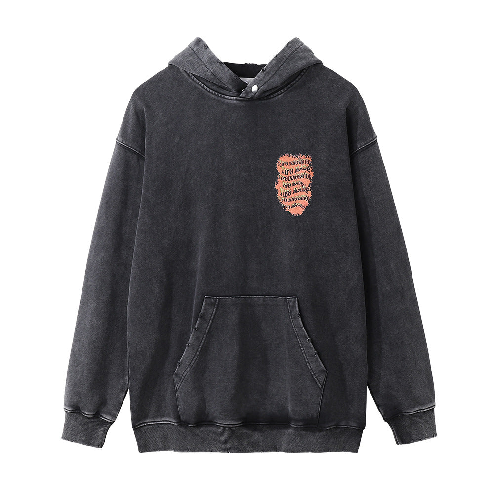 Street Tide Hip-Hop Flame Dice Printed Hoodie Men's Wear European And American Loose Washed Dressed Old Wear Hoodie