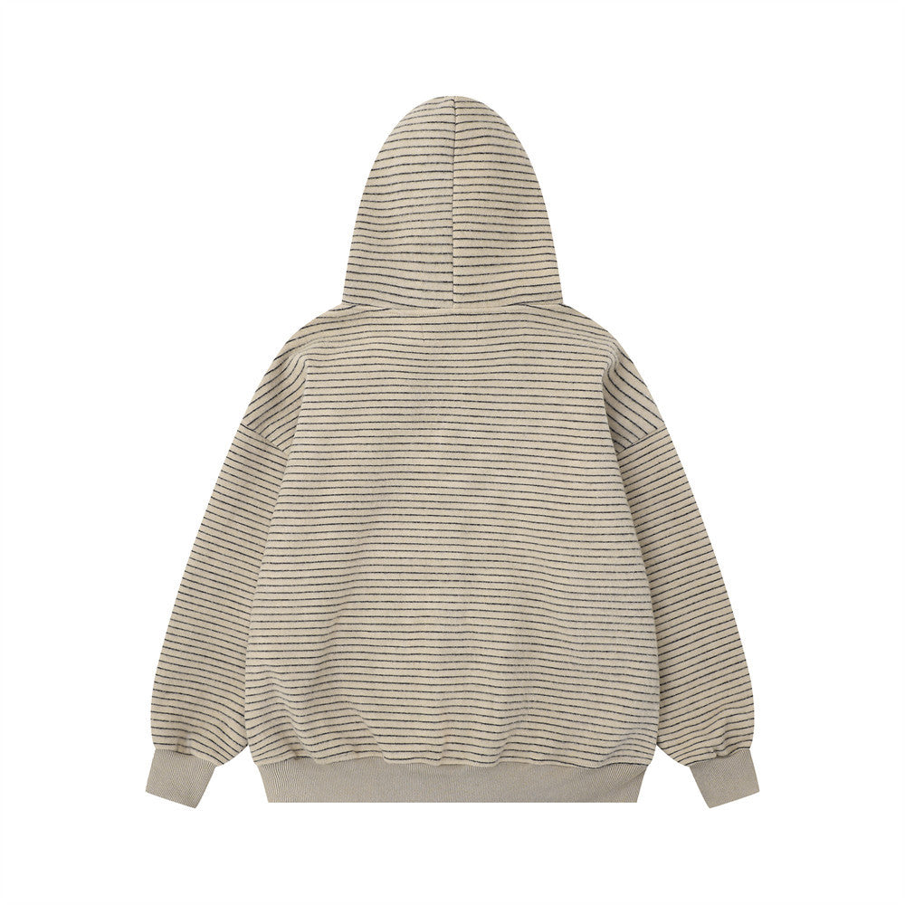 Fur Collar Hooded Jacket Men's Spring And Autumn American Style Retro Stripe Loose Casual Zipper Cardigan Sweater High Street Fashion
