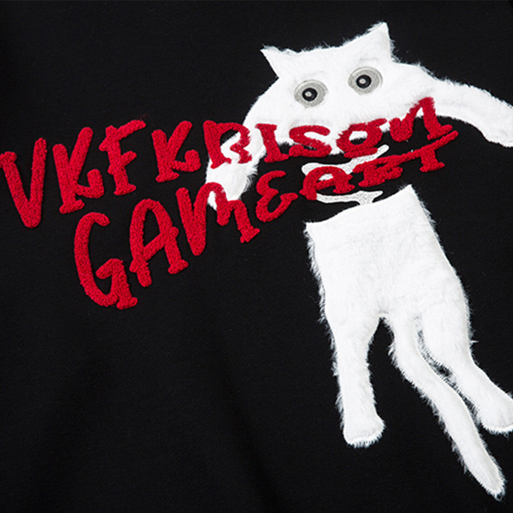 Fun Cartoon Kitten Flocking Embroidered Hooded Sweatshirt Men's Vibe Fashion Brand High Street Casual Loose Sports Pullover