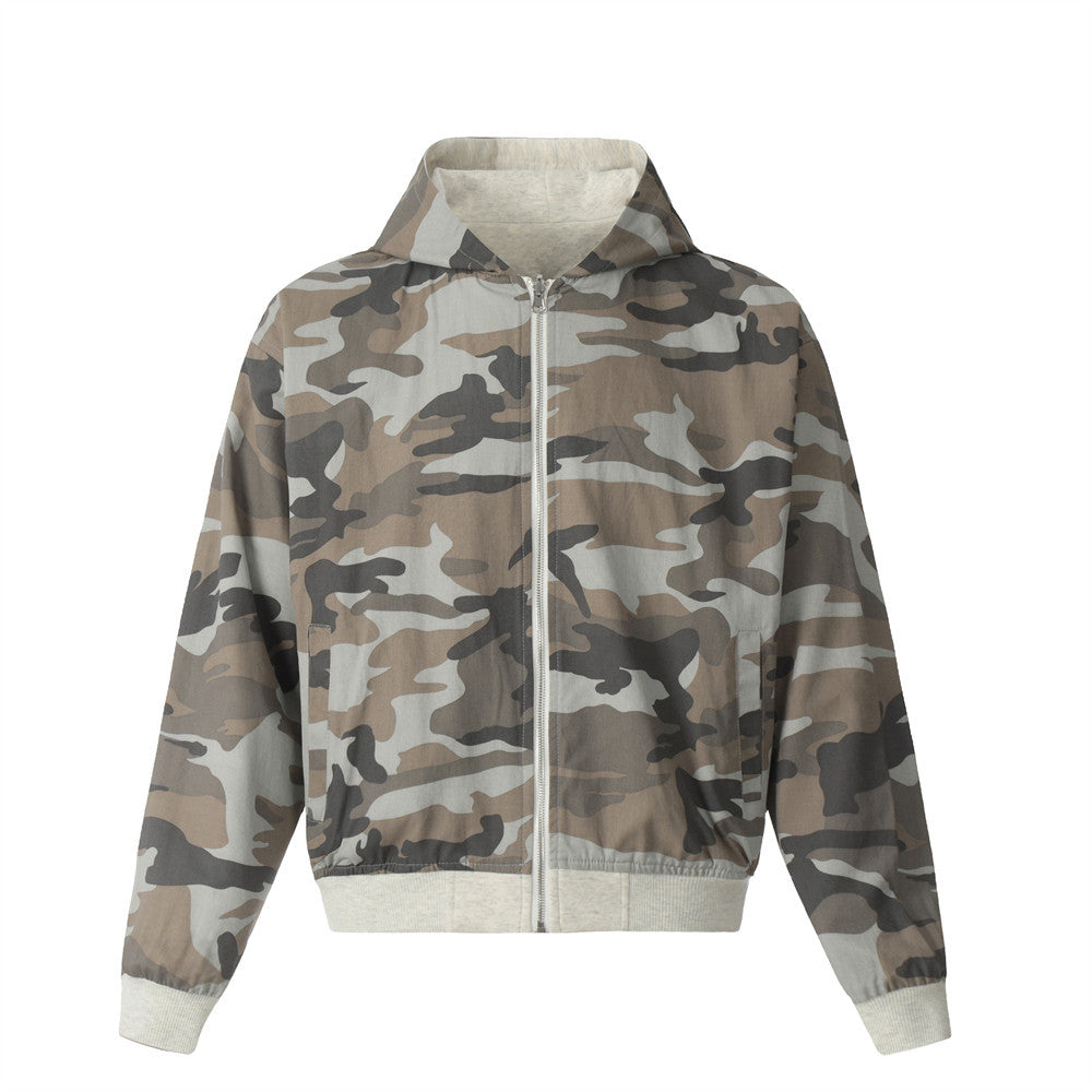 Double-sided Camouflage Zipper Jacket European And American High Street Spring And Autumn Men's Loose Casual Hooded Cardigan Sweatshirt Double-sided