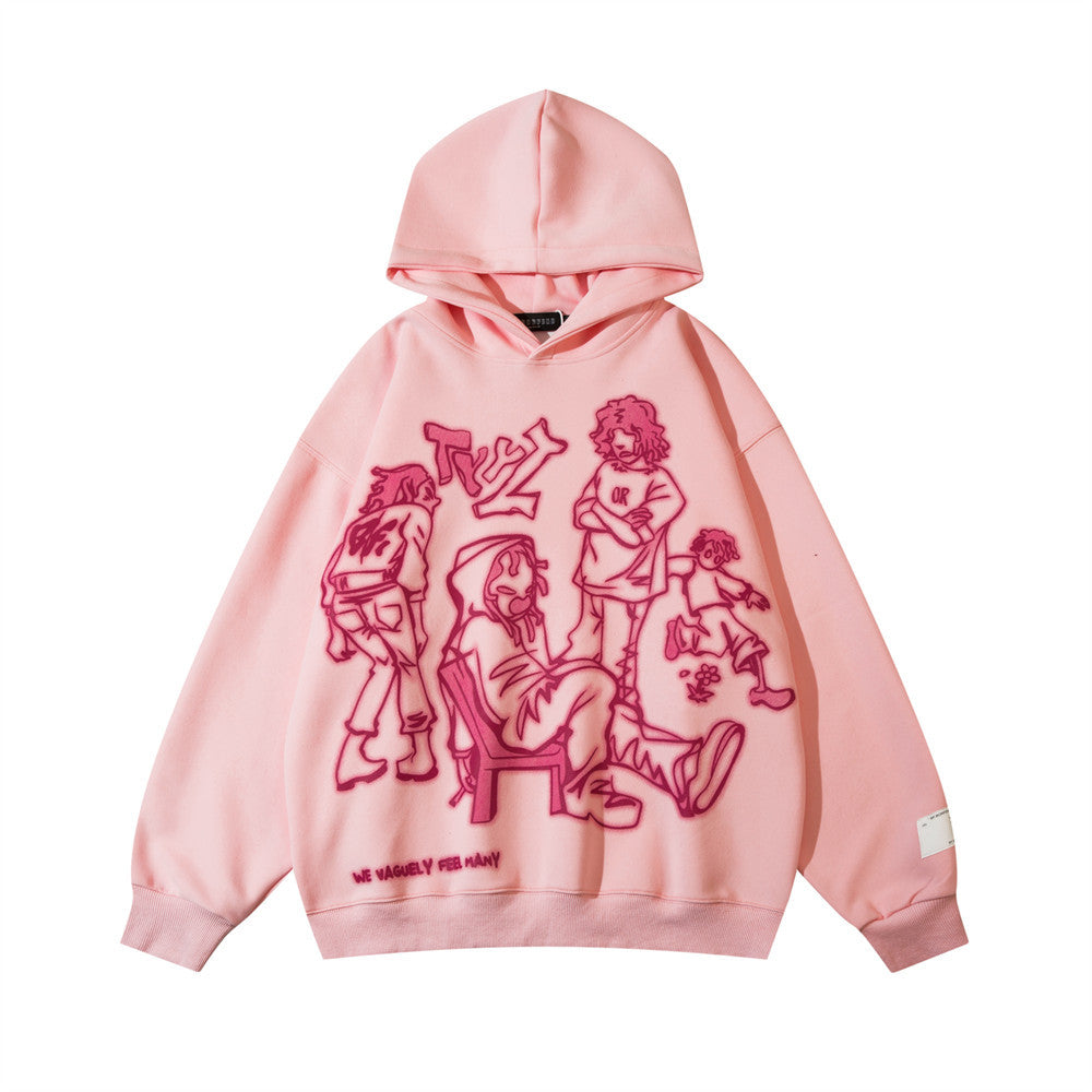Anime Cartoon Hooded Sweater Men's High Street Trendy Niche Loose Hand-painted Line Printed Pullover Sweatshirt Autumn