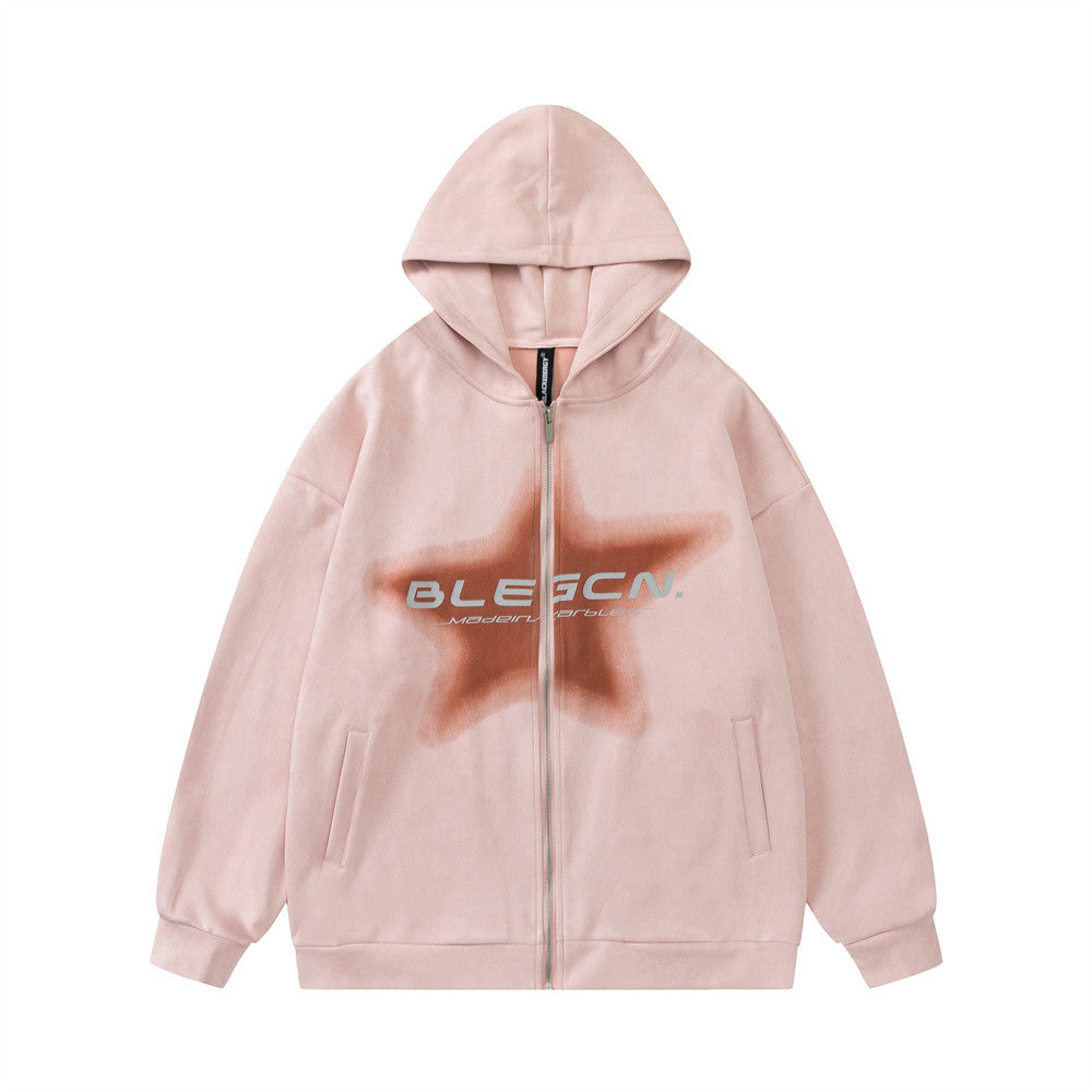 American-style High Street Five-pointed Star Printed Hooded Jacket Spring And Autumn Men's Vibe Trendy Casual Loose Zipper Cardigan Sweater