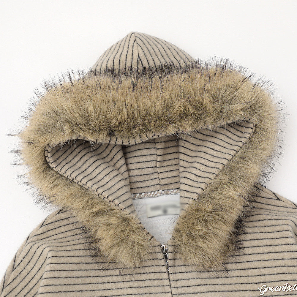 Fur Collar Hooded Jacket Men's Spring And Autumn American Style Retro Stripe Loose Casual Zipper Cardigan Sweater High Street Fashion