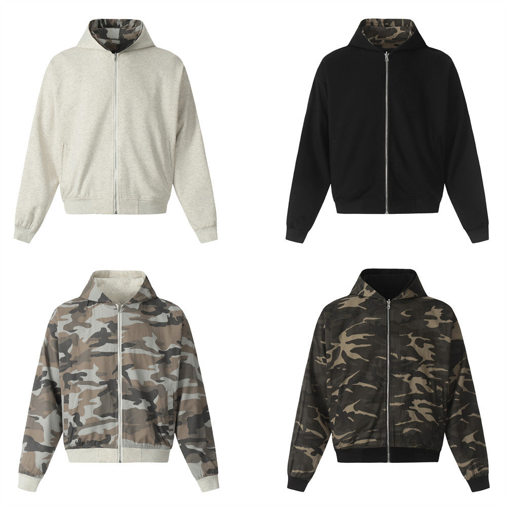 Double-sided Camouflage Zipper Jacket European And American High Street Spring And Autumn Men's Loose Casual Hooded Cardigan Sweatshirt Double-sided
