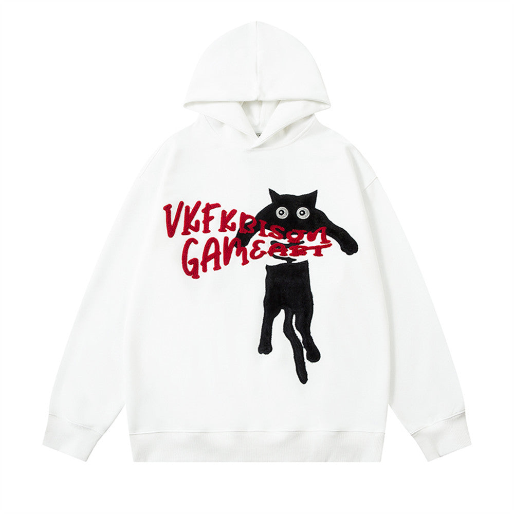 Fun Cartoon Kitten Flocking Embroidered Hooded Sweatshirt Men's Vibe Fashion Brand High Street Casual Loose Sports Pullover