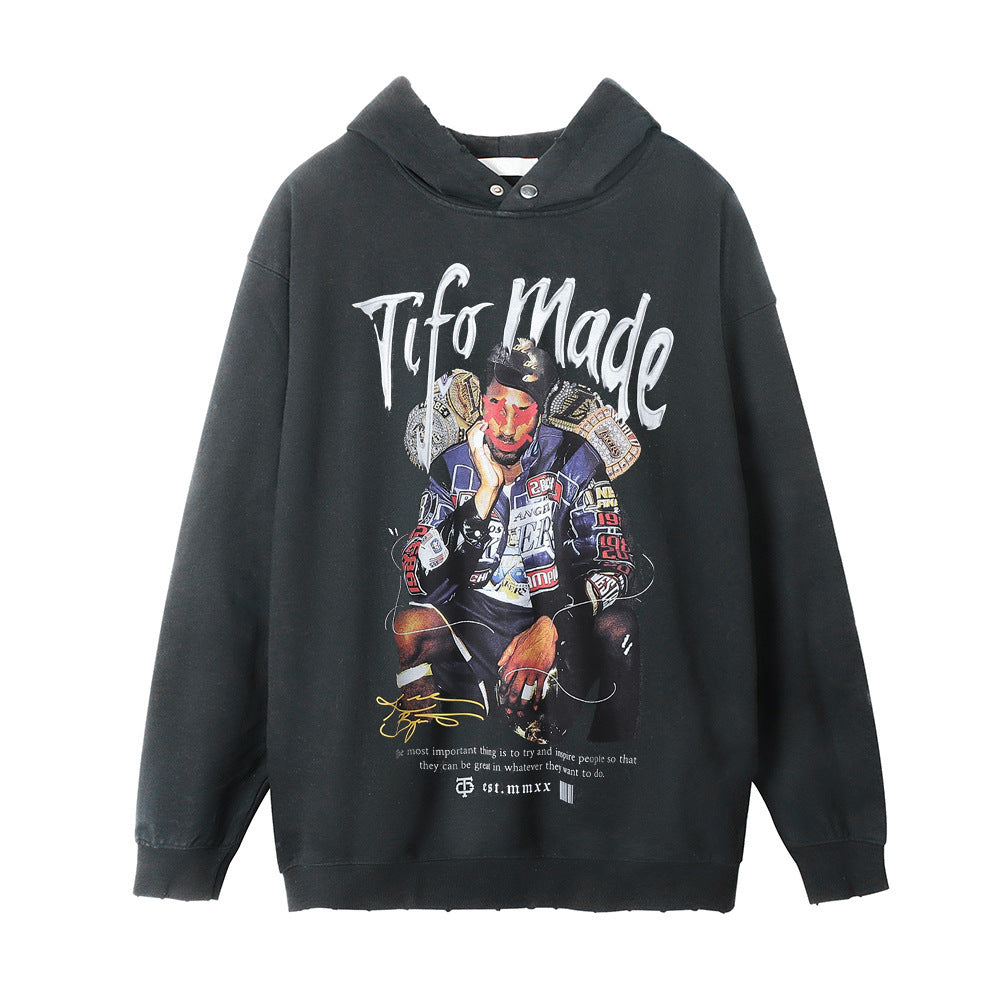 Rapper Character Print Washed Old Hoodie Men's Fashion Street Hip-Hop Long-Sleeved Hole Hoodie