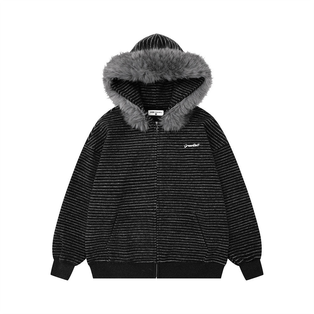 Fur Collar Hooded Jacket Men's Spring And Autumn American Style Retro Stripe Loose Casual Zipper Cardigan Sweater High Street Fashion