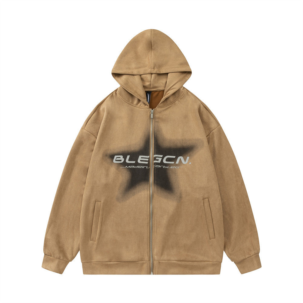 American-style High Street Five-pointed Star Printed Hooded Jacket Spring And Autumn Men's Vibe Trendy Casual Loose Zipper Cardigan Sweater