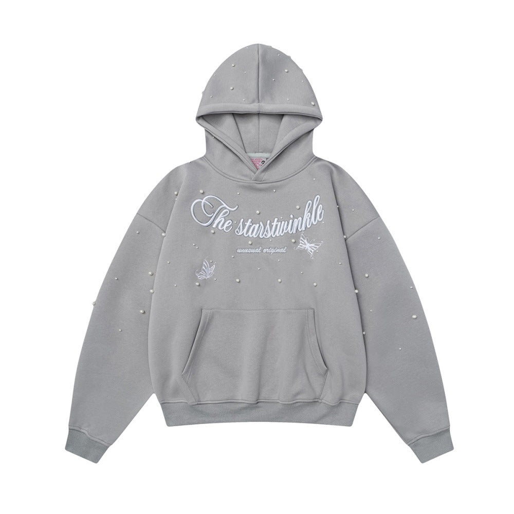 Letter Embroidered Beads Niche Design Hooded Sweater For Boys Vibe Hip Hop Trendy Pullover Loose Sport Hoodie