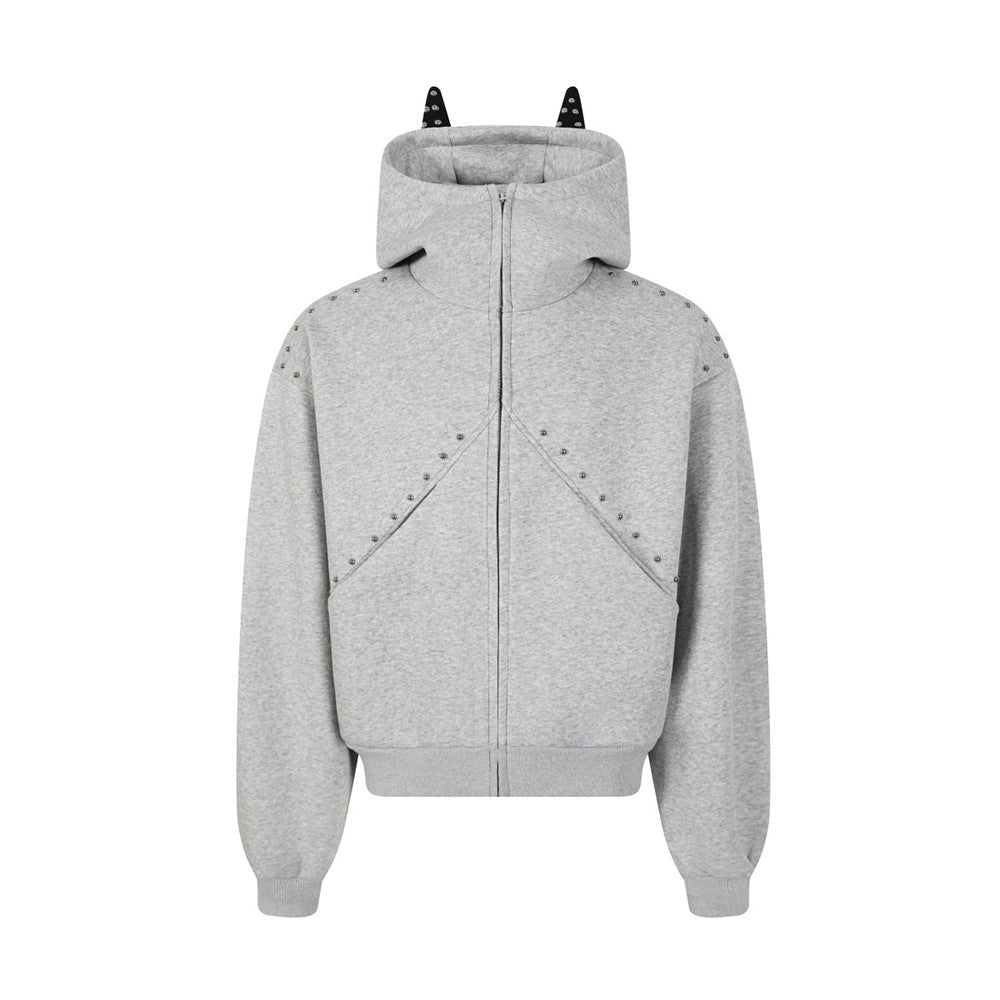 Social Fear Sweatshirt Hooded High Collar Men's Dark High Street Cat Ears Design Sense Willow Nail Decorative Zipper Short Jacket