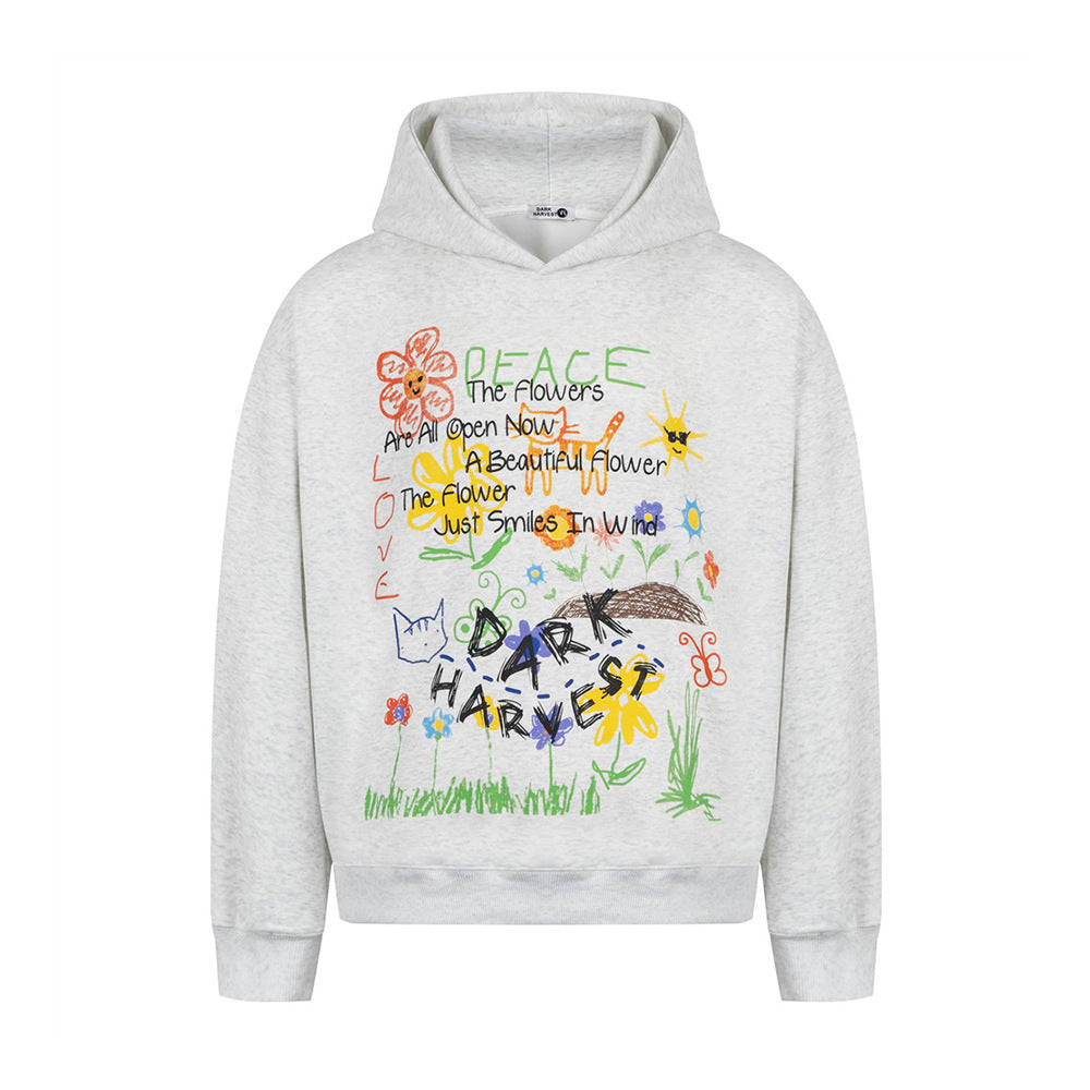 Hand-painted Graffiti Design Hooded Sweater Men's Hip Hop Trend Blockbuster 420G Loose Pullover Sweatshirt Autumn And Winter