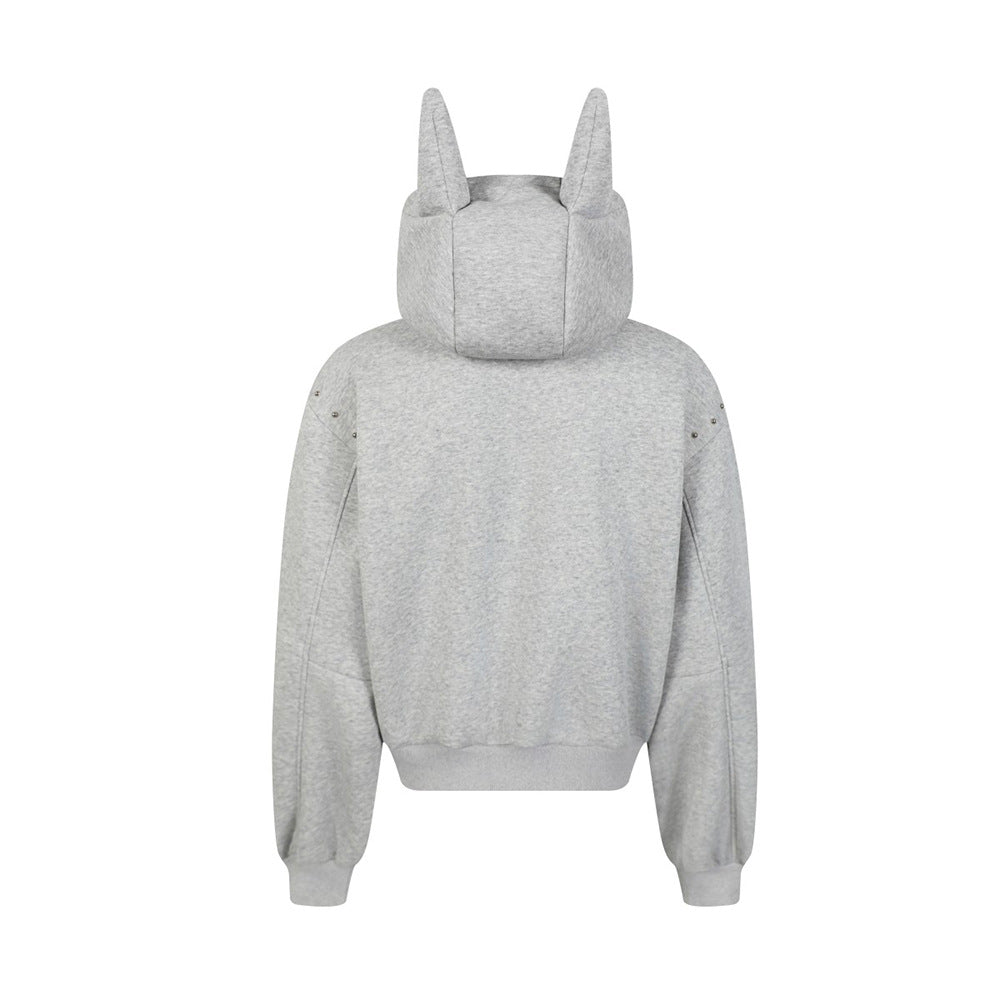 Social Fear Sweatshirt Hooded High Collar Men's Dark High Street Cat Ears Design Sense Willow Nail Decorative Zipper Short Jacket