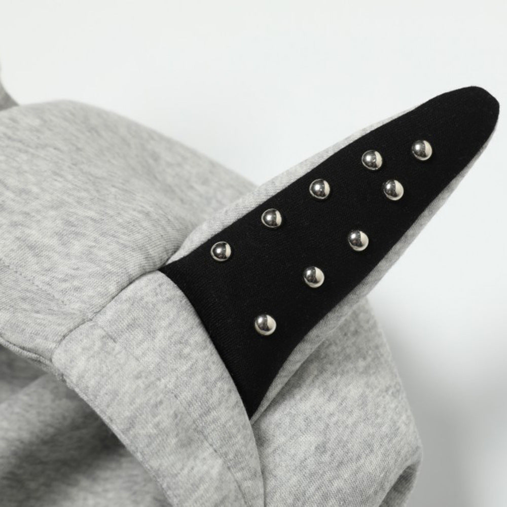 Social Fear Sweatshirt Hooded High Collar Men's Dark High Street Cat Ears Design Sense Willow Nail Decorative Zipper Short Jacket