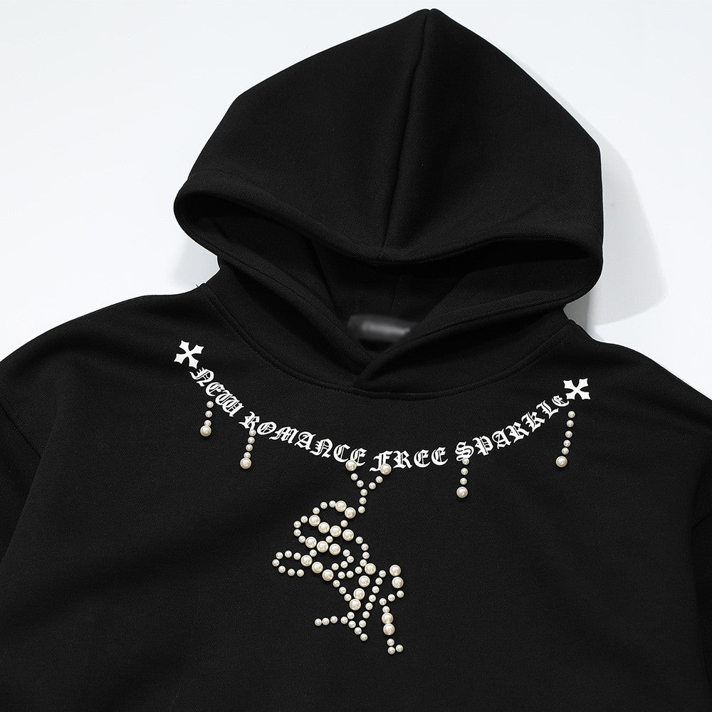 Dark High Street Hooded Loose Sweater Men's Design Sanskrit Gothic Beaded Sweatshirt