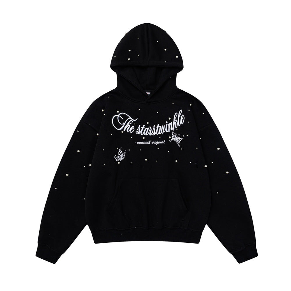 Letter Embroidered Beads Niche Design Hooded Sweater For Boys Vibe Hip Hop Trendy Pullover Loose Sport Hoodie