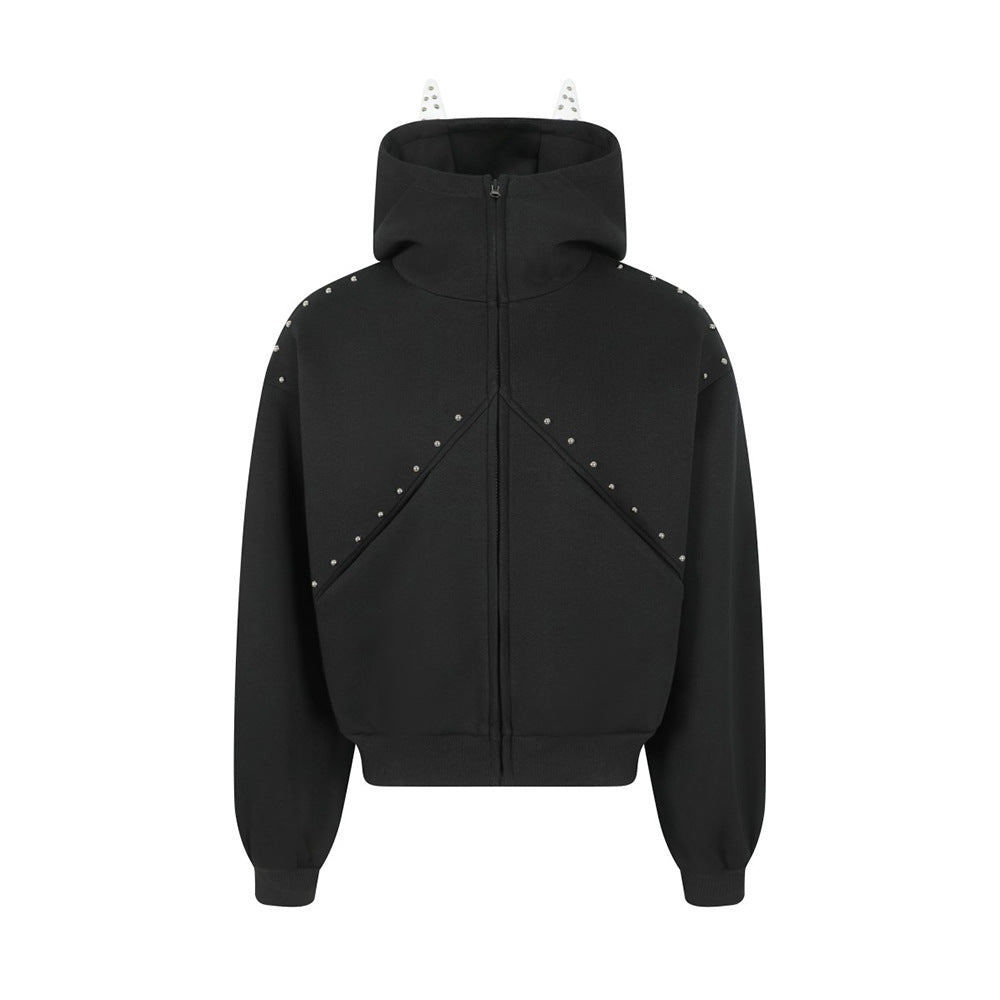Social Fear Sweatshirt Hooded High Collar Men's Dark High Street Cat Ears Design Sense Willow Nail Decorative Zipper Short Jacket