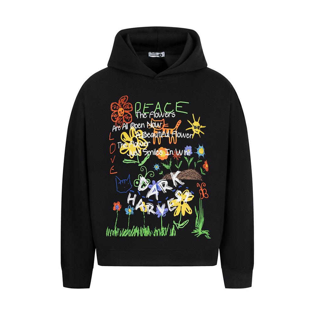 Hand-painted Graffiti Design Hooded Sweater Men's Hip Hop Trend Blockbuster 420G Loose Pullover Sweatshirt Autumn And Winter