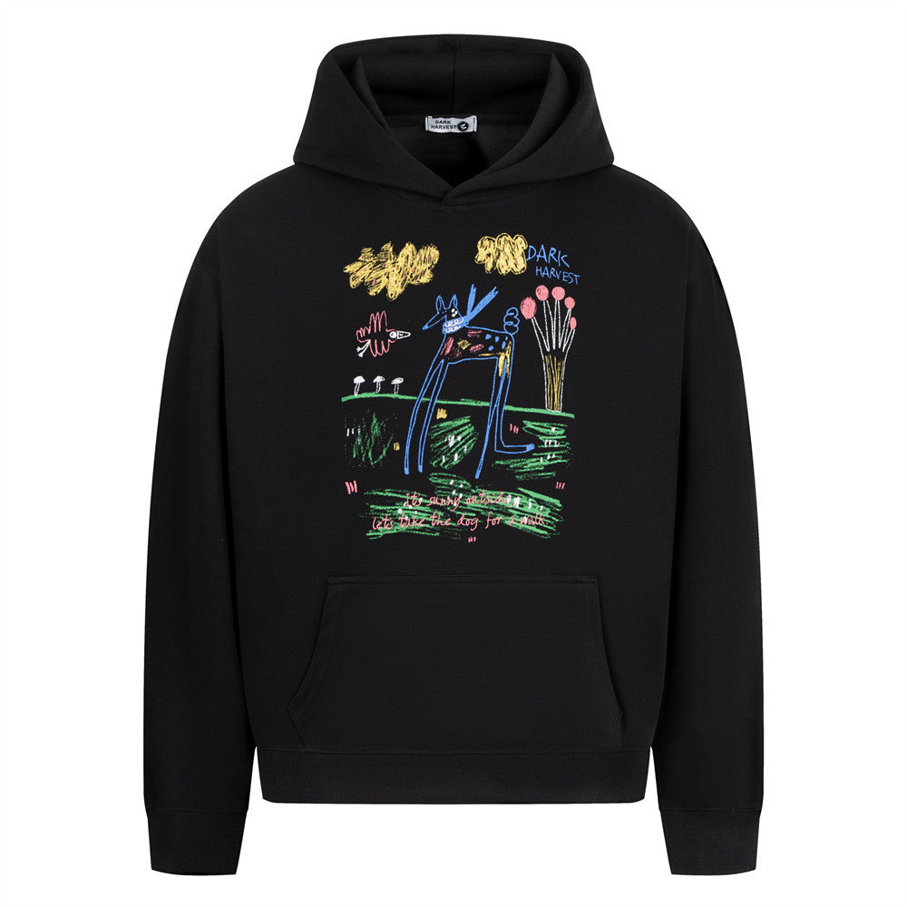 Fun Graffiti Print Hooded Sweater Men's Loose Casual Autumn And Winter Vibe Hip Hop Street Trendy Long Sleeve Sweatshirt