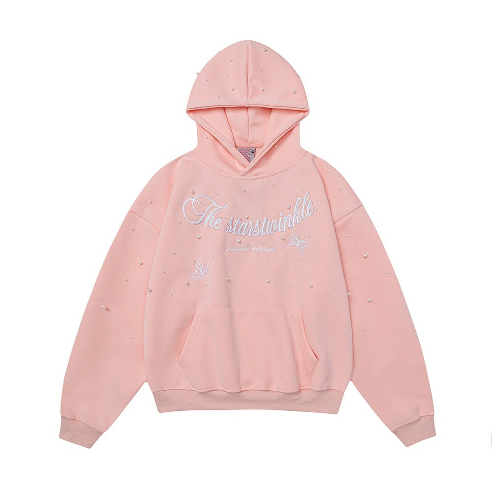 Letter Embroidered Beads Niche Design Hooded Sweater For Boys Vibe Hip Hop Trendy Pullover Loose Sport Hoodie