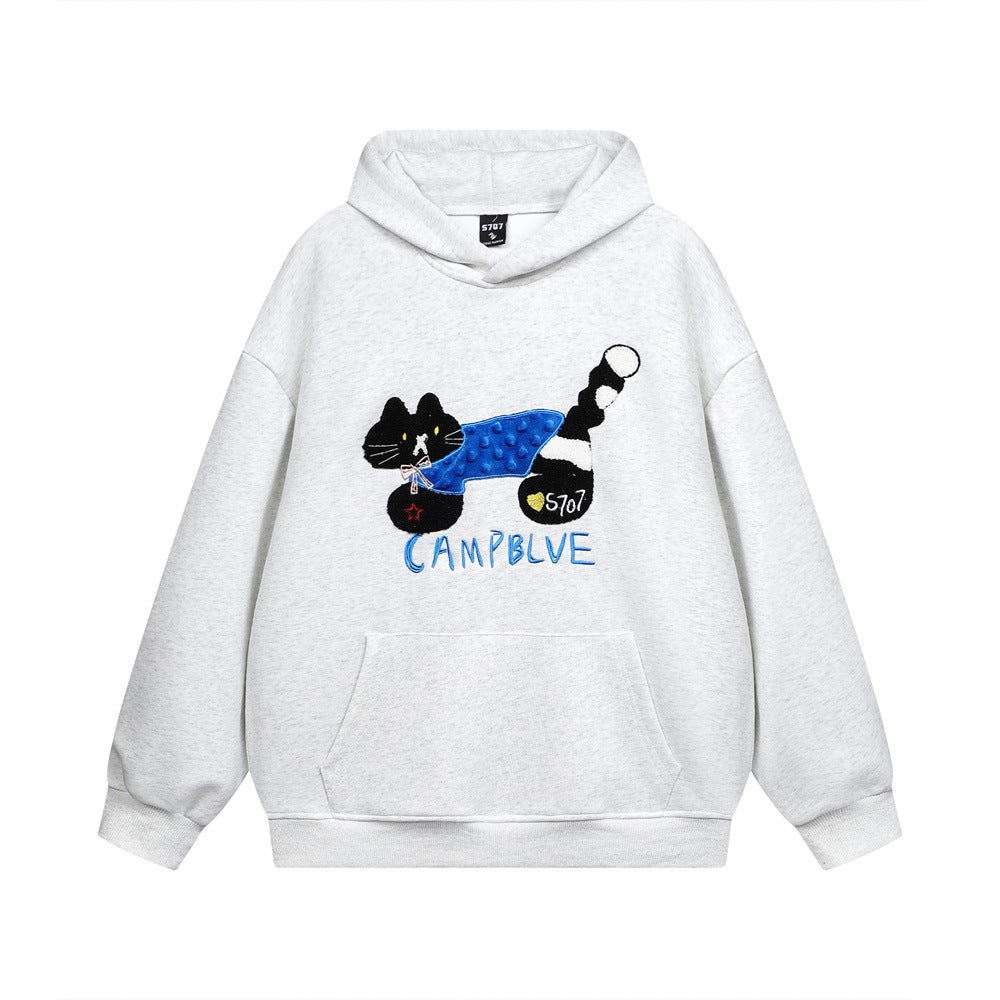 American-style High Street Flocking Embroidered Kitten Loose Hooded Sweater Men's Hip-hop Trendy Spring And Autumn Casual Pullover Hoodie