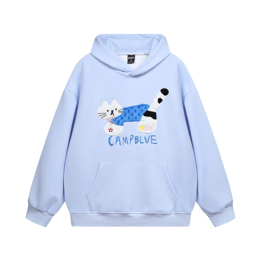 American-style High Street Flocking Embroidered Kitten Loose Hooded Sweater Men's Hip-hop Trendy Spring And Autumn Casual Pullover Hoodie