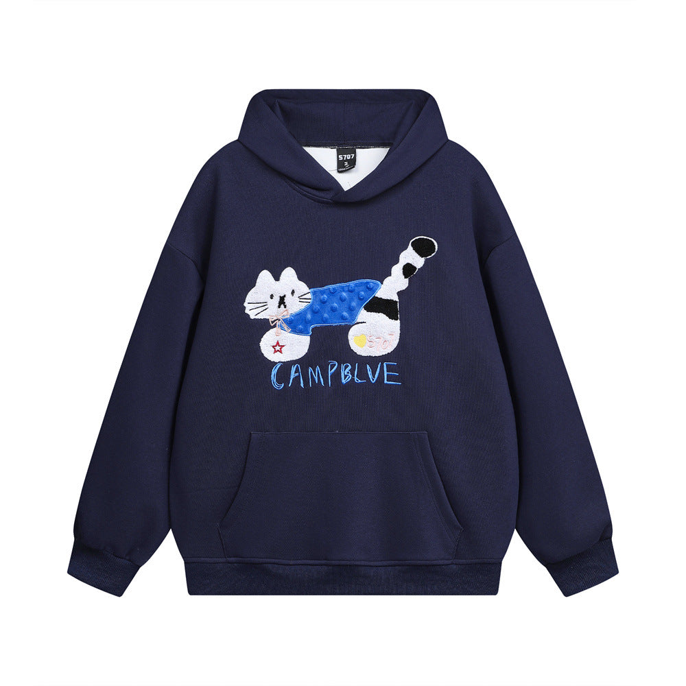American-style High Street Flocking Embroidered Kitten Loose Hooded Sweater Men's Hip-hop Trendy Spring And Autumn Casual Pullover Hoodie