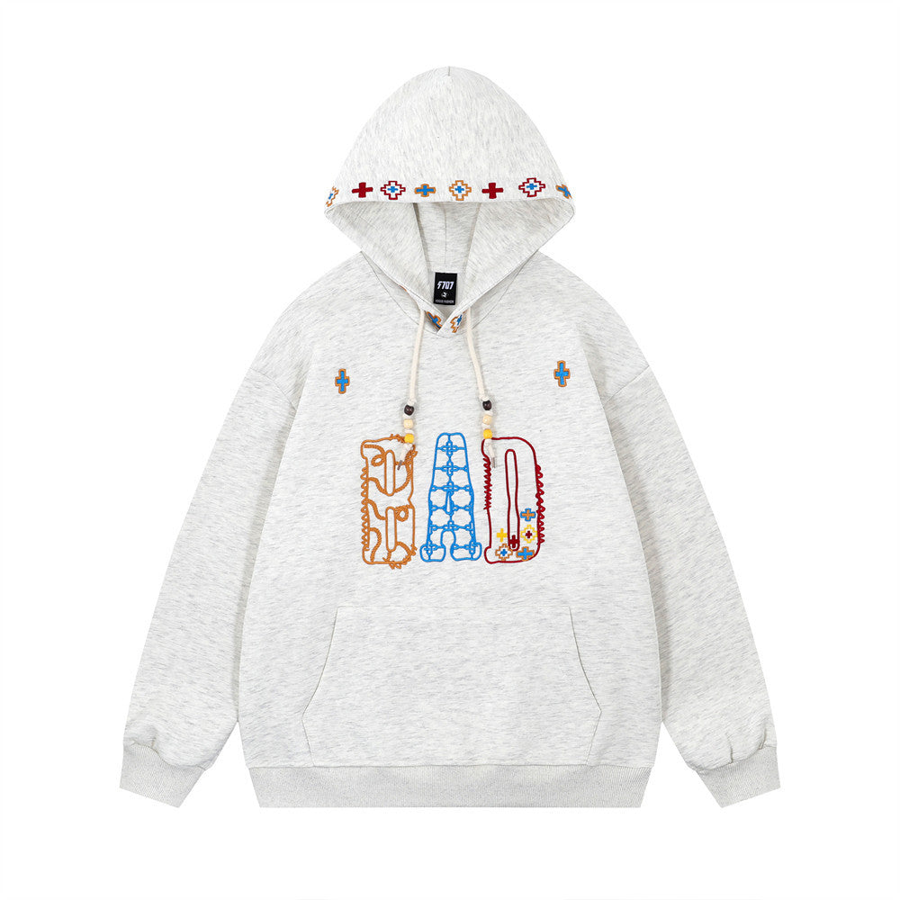 Distinctive Creative Letter Embroidered Hooded Sweater For Boys Hip-hop Fashionable Casual Loose Autumn And Winter Pullover Sweatshirt