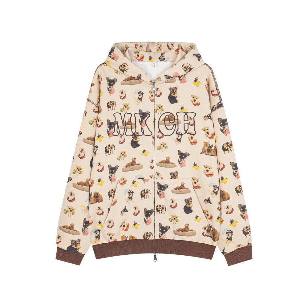 Animal Full Print Hooded Loose Jacket For Boys European And American Hip Hop Vibe Trendy Niche Double Head Zipper Cardigan Sweater