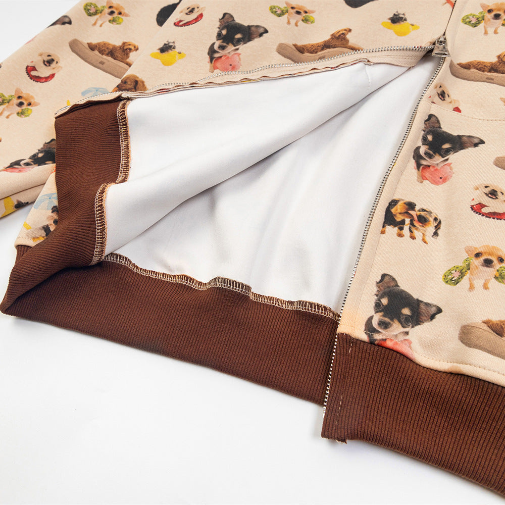 Animal Full Print Hooded Loose Jacket For Boys European And American Hip Hop Vibe Trendy Niche Double Head Zipper Cardigan Sweater
