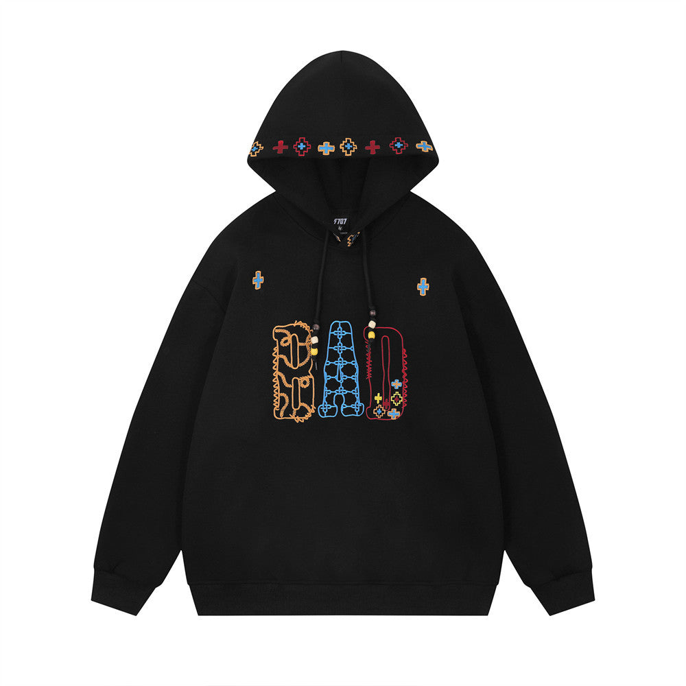 Distinctive Creative Letter Embroidered Hooded Sweater For Boys Hip-hop Fashionable Casual Loose Autumn And Winter Pullover Sweatshirt