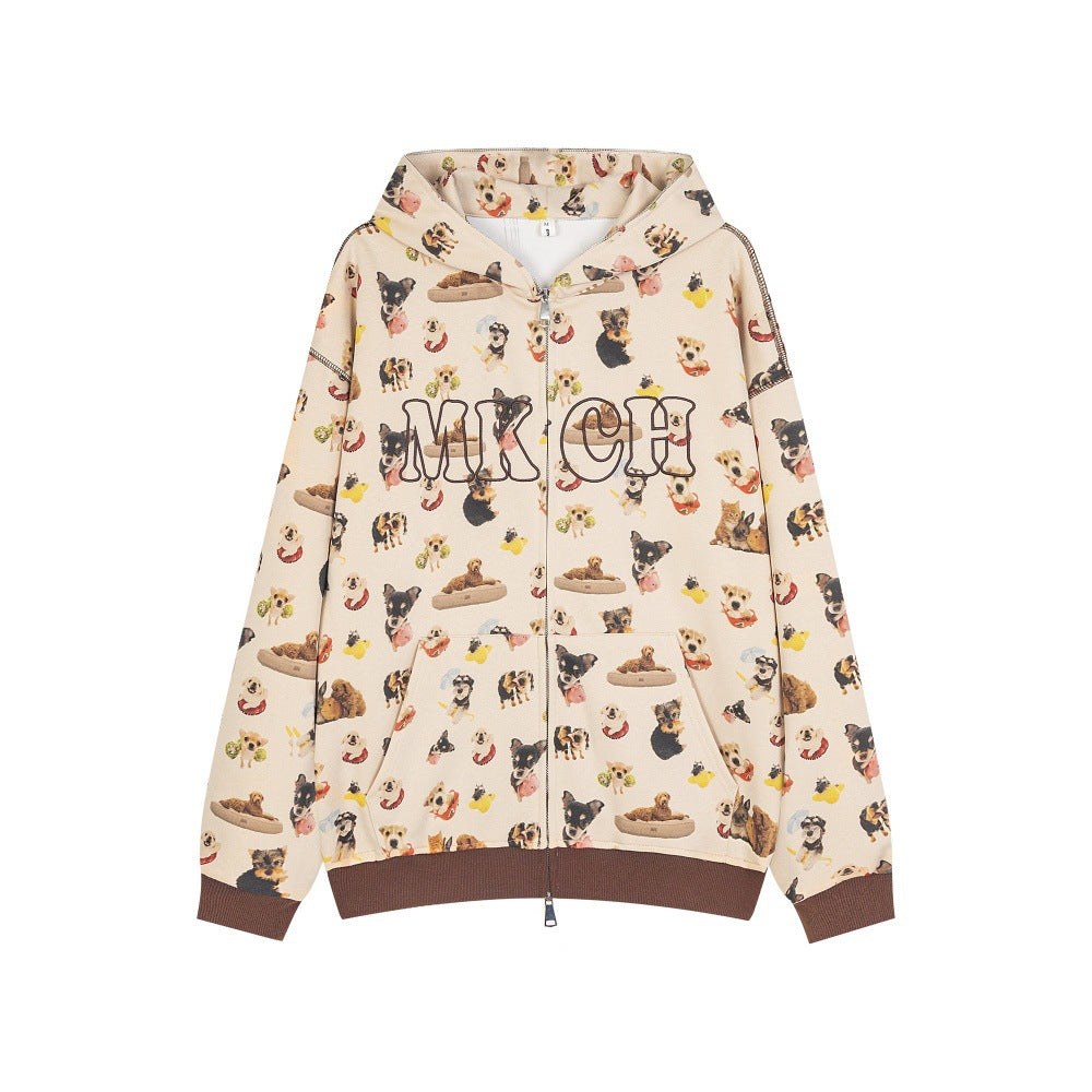 Animal Full Print Hooded Loose Jacket For Boys European And American Hip Hop Vibe Trendy Niche Double Head Zipper Cardigan Sweater