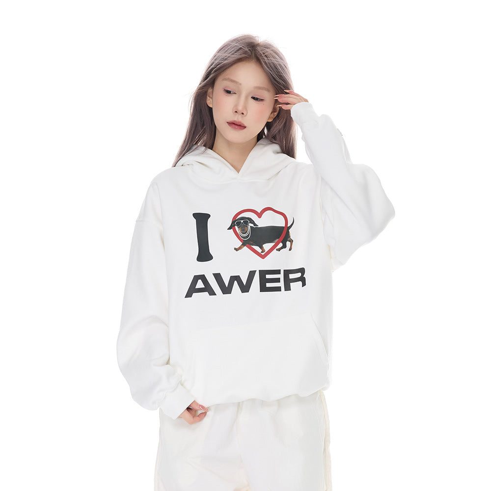 American-style Cartoon Puppy Love Printed Hooded Sweater For Men And Women Hip-hop Vibe Trendy Loose Pullover Sweatshirt