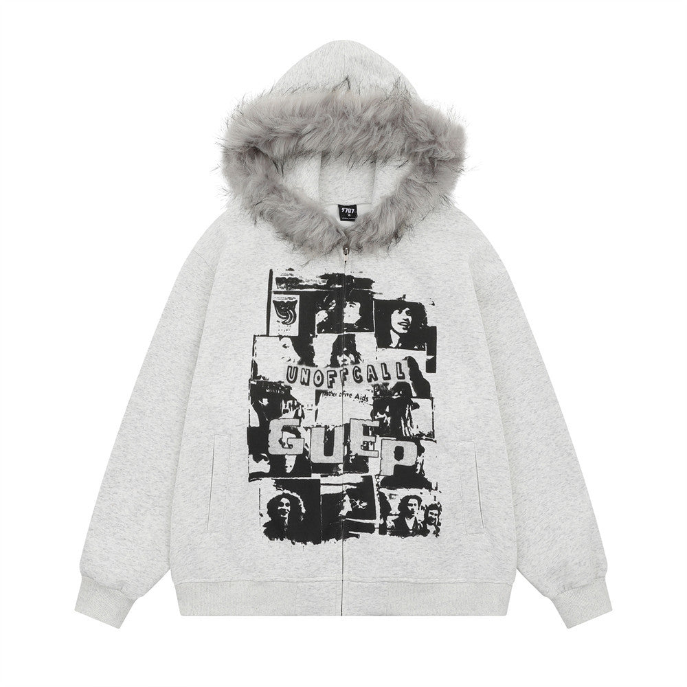 Dark High Street Retro Wool Collar Hooded Coat Hip Hop Fashionable Loose Niche Spring And Autumn Men's Cardigan Sweater