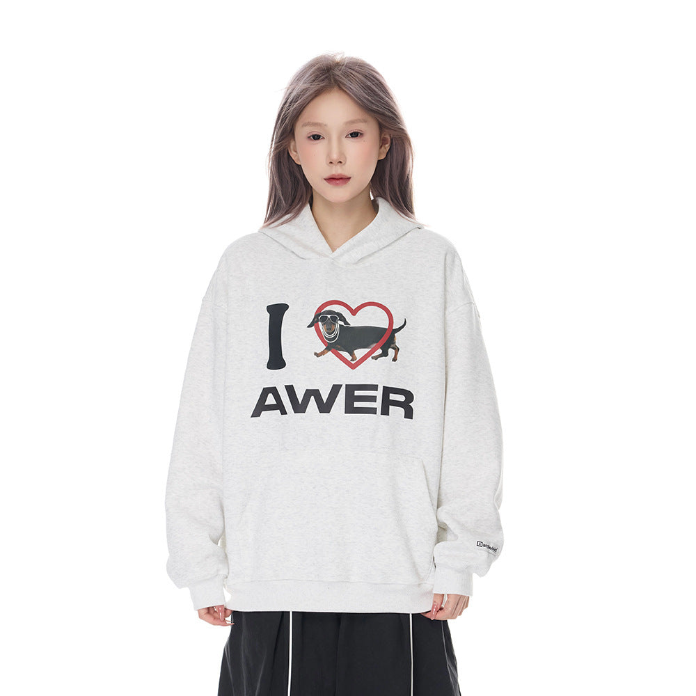 American-style Cartoon Puppy Love Printed Hooded Sweater For Men And Women Hip-hop Vibe Trendy Loose Pullover Sweatshirt