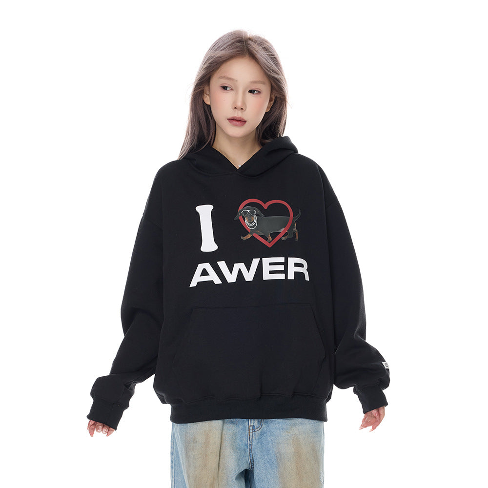American-style Cartoon Puppy Love Printed Hooded Sweater For Men And Women Hip-hop Vibe Trendy Loose Pullover Sweatshirt