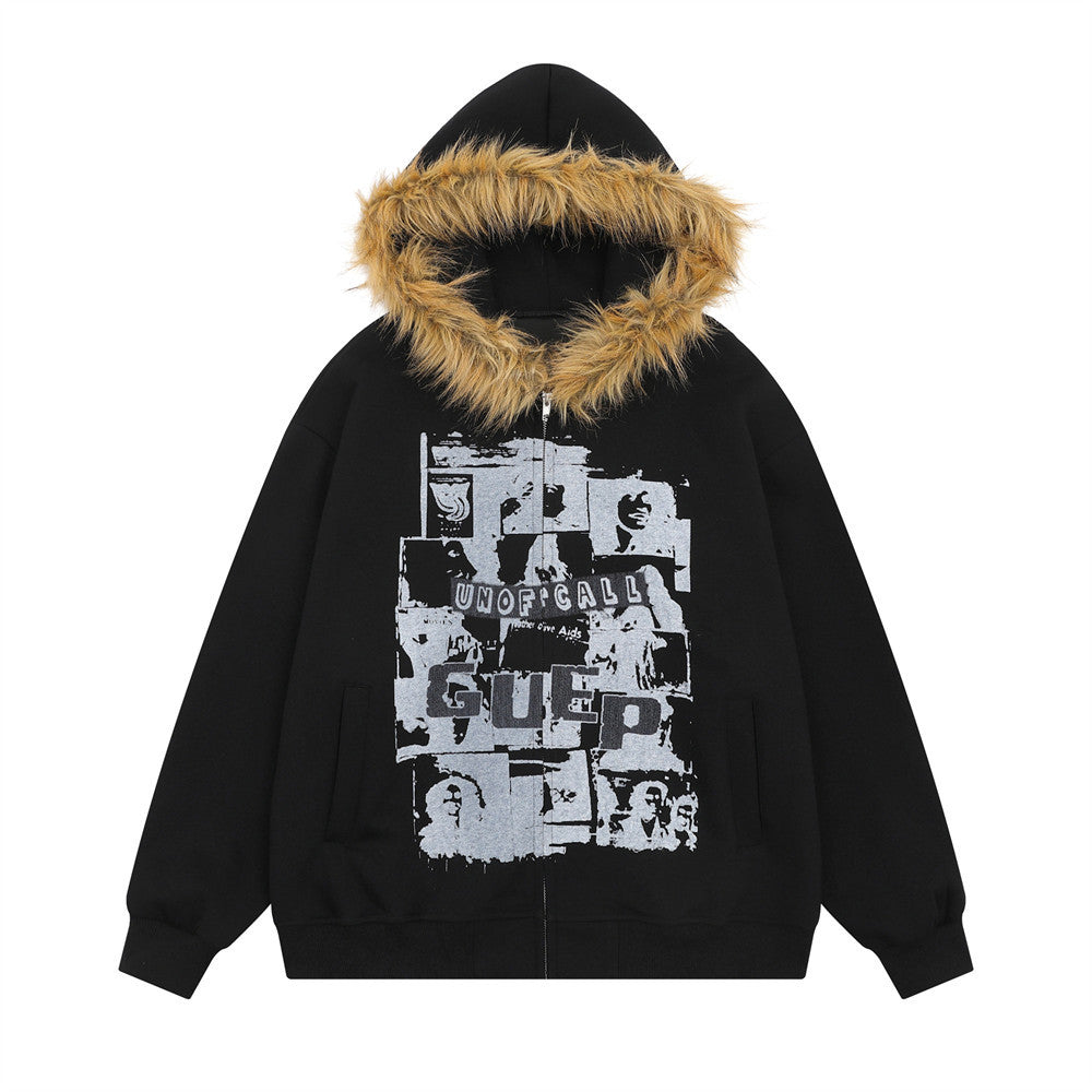 Dark High Street Retro Wool Collar Hooded Coat Hip Hop Fashionable Loose Niche Spring And Autumn Men's Cardigan Sweater