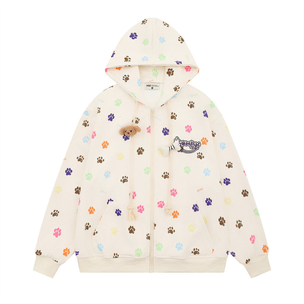 Cartoon Full Print Bear Footprint Hooded Sweatshirt Men's Hip-Hop Fashionable Long-Sleeved Loose Niche Casual Spring And Autumn Jacket
