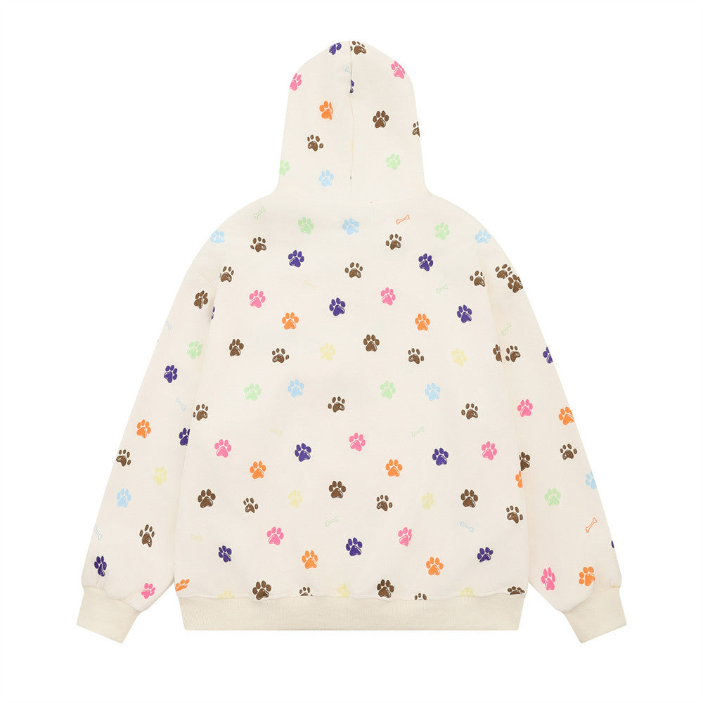 Cartoon Full Print Bear Footprint Hooded Sweatshirt Men's Hip-Hop Fashionable Long-Sleeved Loose Niche Casual Spring And Autumn Jacket
