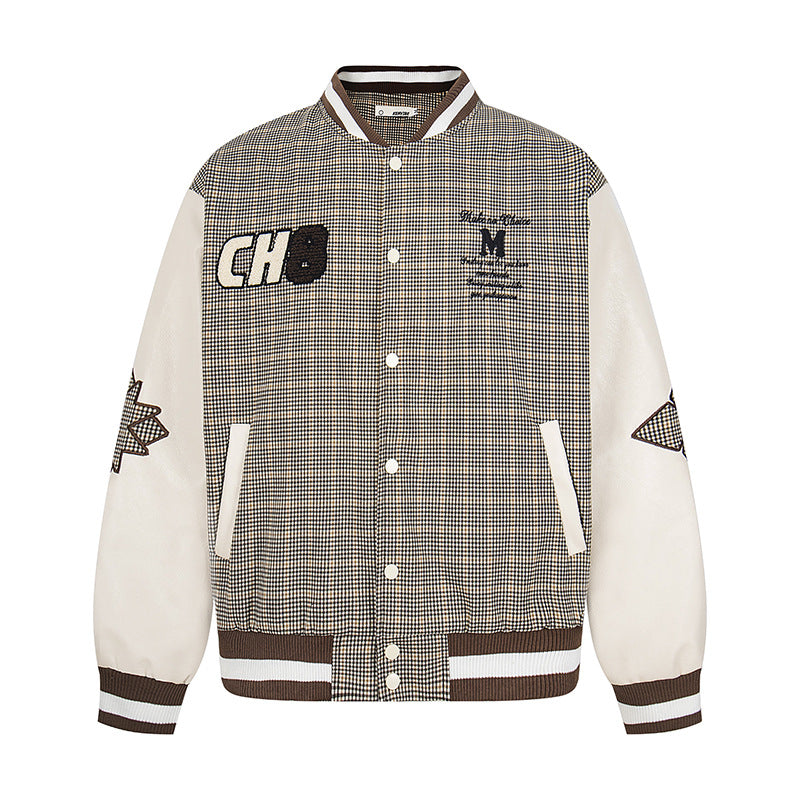 American Retro Street Workwear Plaid Baseball Suit Coat Spring And Autumn Fashion Brand Loose Hip Hop Jacket