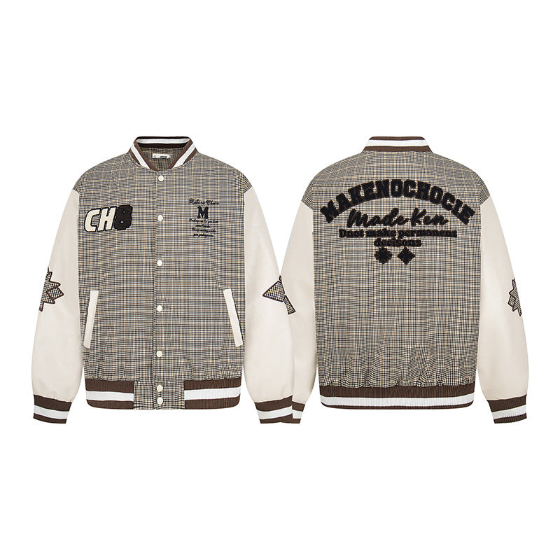 American Retro Street Workwear Plaid Baseball Suit Coat Spring And Autumn Fashion Brand Loose Hip Hop Jacket