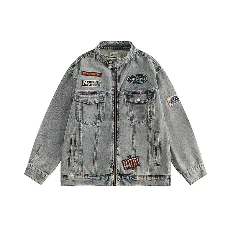High Street Ins American Style Hip-Hop Denim Coat Autumn Loose Washed Dressed Off-Collar Jacket Top